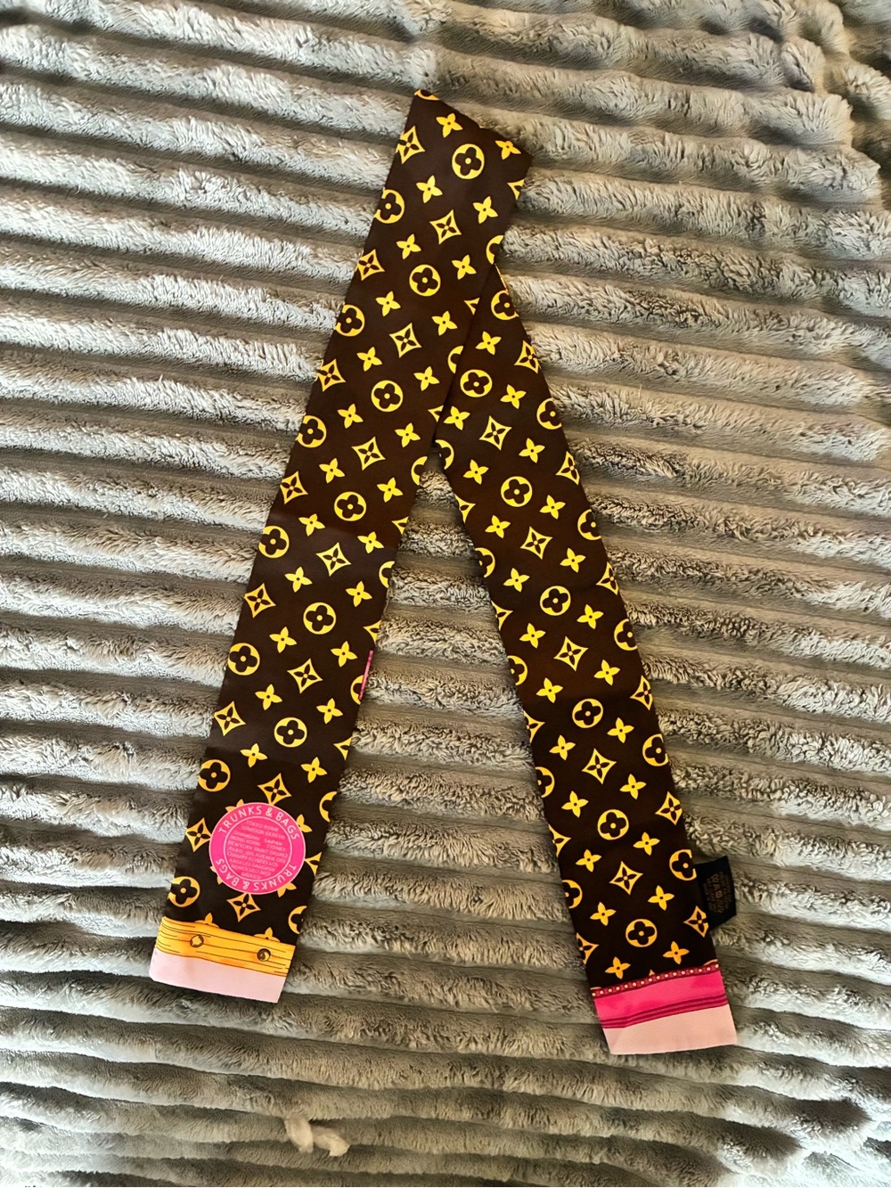 Monogram Print Silk Scarf Tie with Pink & Gold Accents Designer LV - Picture 5 of 7